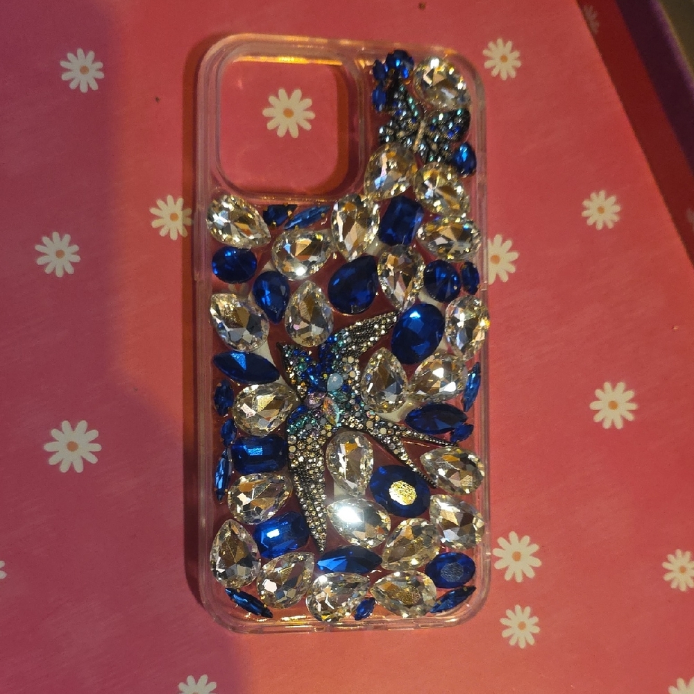Iphone 15 Pro Max Case Crystal Embellished Phone Case - Blue and Silver
